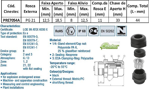 PRENSA CABO WADE-TEC EXE ATEX PA6 PG 21 - ROSCA CURTA