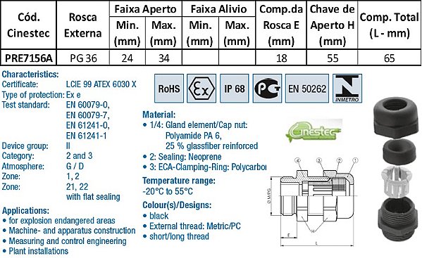 PRENSA CABO WADE-TEC EXE ATEX PA6 PG 36 - ROSCA LONGA
