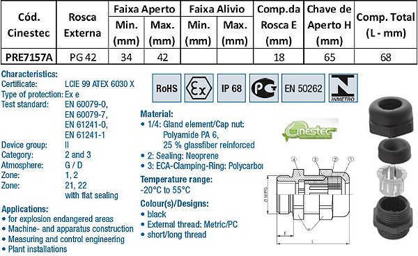 PRENSA CABO WADE-TEC EXE ATEX PA6 PG 42 - ROSCA LONGA