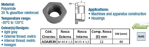 REDUTOR  PA6 HEXAGONAL M40 X 1,5 PARA M25 X 1,5  CINZA