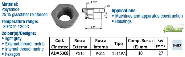 REDUTOR PA  HEXAGONAL  PG 16  PG 11 CINZA CLARO