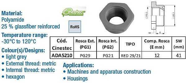 REDUTOR PA6  HEXAGONA PG29 PARA PG21  CINZA