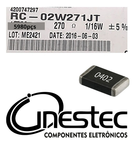 Resistor Smd 0402 -  270r 1/16w 5% - 5980 Unidades