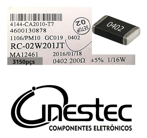 Resistor Smd 0402 - 200r 1/16w 5% - 3150 Unidades
