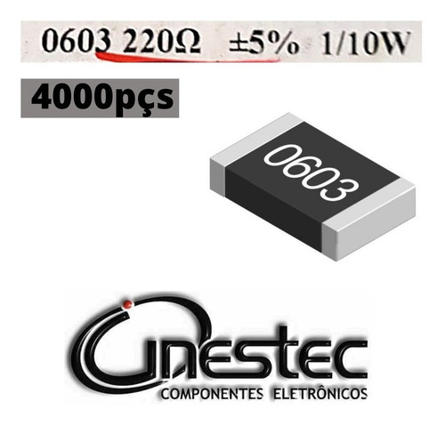 Resistor Smd 0603 1/10w - 220r  5% - 4000 Unidades