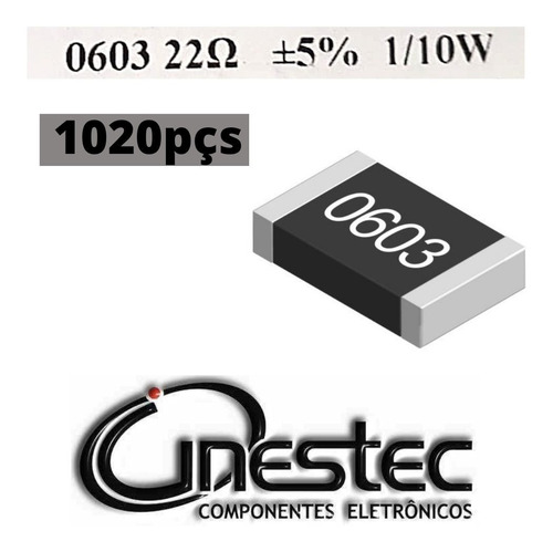Resistor Smd 0603 1/10w - 22r  5% - 1020 Unidades