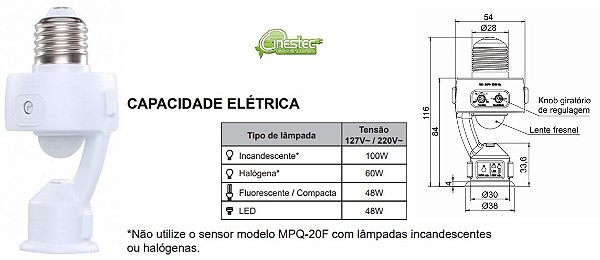 SENSOR DE PRESENCA MPX-40F, SOQUETE E27, COM FOTOCELULA AJUSTAVE