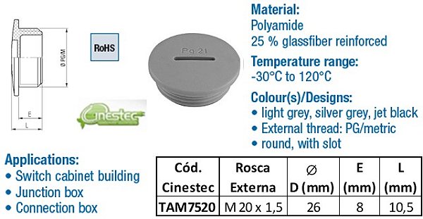 TAMPA PA6 REDONDA TIPO FENDA - M20  PRETO
