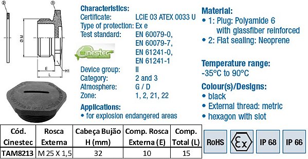 TAMPAO HEXAGONAL EXE S/ ANEL VEDACAO PA6 M25 PRETO