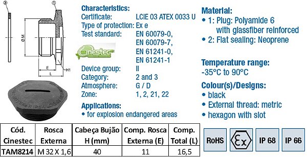 TAMPAO HEXAGONAL EXE S/ ANEL VEDACAO PA6 M32 PRETO