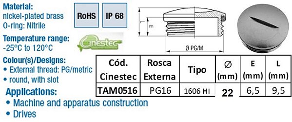 TAMPAO REDONDO LATAO NIQ PG16 COM O-RING