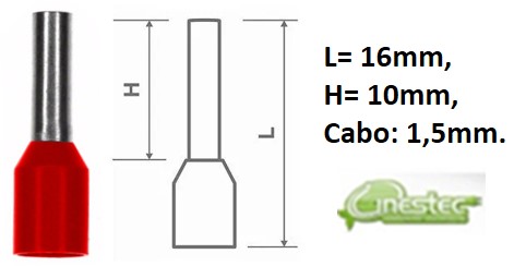 TERMINAL  PINO PRE ISOLADO TUBO ILHOS VERMELHO CADA 10 PECAS E-1508 1,5mm