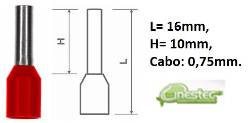 TERMINAL / PINO PRE ISOLADO TUBO ILHOS VERMELHO CADA 10PCS E-7508 0,75MM