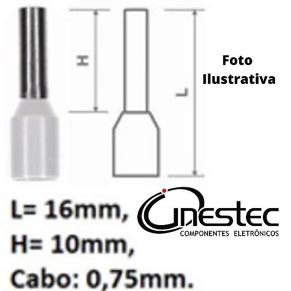 TERMINAL PINO PRE ISOLADO TUBO ILHOS CINZA CADA 10 PECAS E-7508 0,75mm