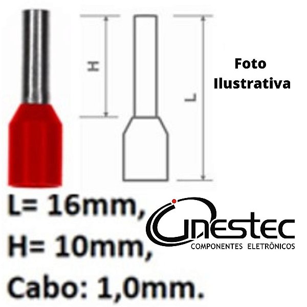 TERMINAL PINO PRE ISOLADO TUBO ILHOS VERMELHO CADA 10 PECAS E-1008 1mm