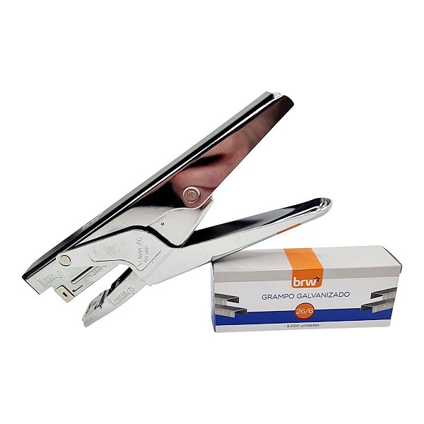 Grampeador Alicate Metal Profissional + Cx De Grampo 26/6 Prateado