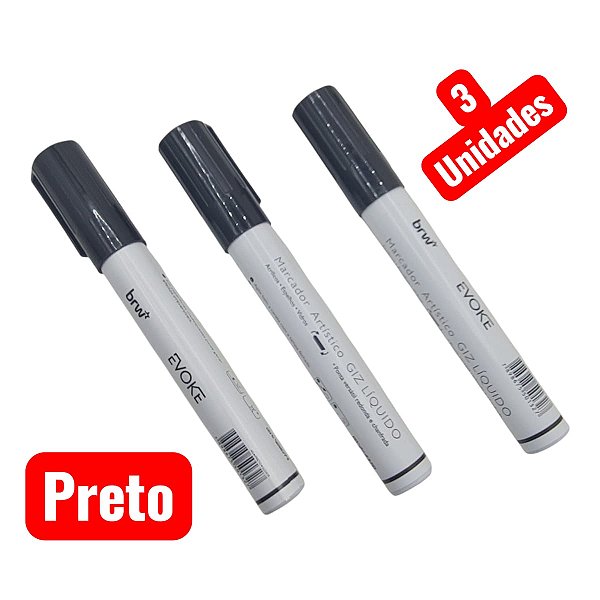 Giz Líquido Marcador Evoke 6mm Para Vidro E Lousa 3 Un Preto