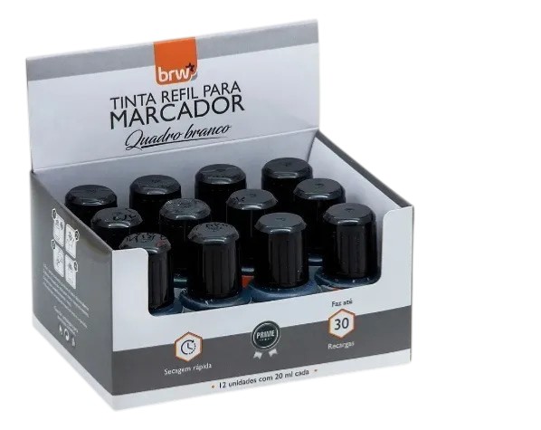 Refil Tinta Marcador Quadro Branco Preto Brw 20ml Caixa 12 Unidades