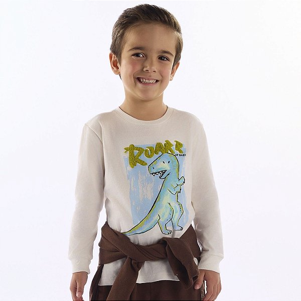 CAMISETA MANGA LONGA EM MEIA MALHA DINO ROAR UP BABY