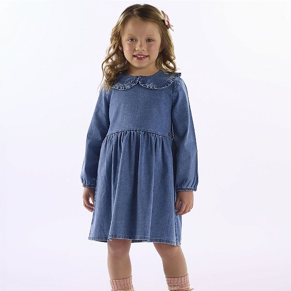VESTIDO INFANTIL JEANS COM ELASTANO E BABADO (AZUL) UP BABY AZUL