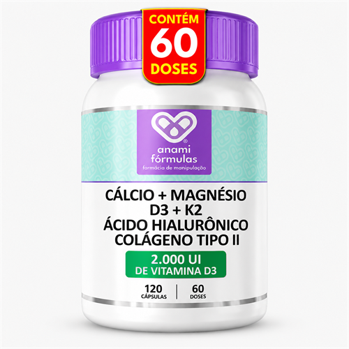 Cálcio + Magnésio + D3 K2 + Colágeno Tipo II + Á. Hialurônico 120 Cápsulas