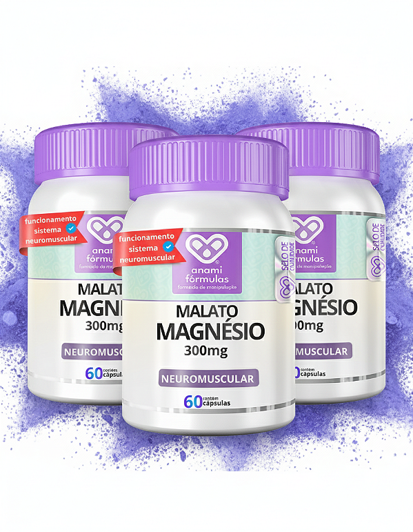 KIT 3x MALATO DE MAGNÉSIO 300mg - 3 Frascos de 60 Cápsulas - 180 Doses