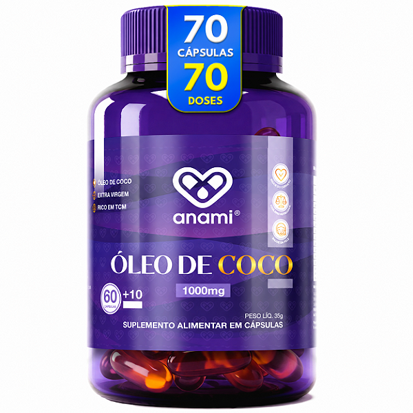 ÓLEO DE COCO 2000mg por Dose - 1000mg por Cápsula - Cocos nucifera - 70 Cápsulas Softgel - 35 Doses