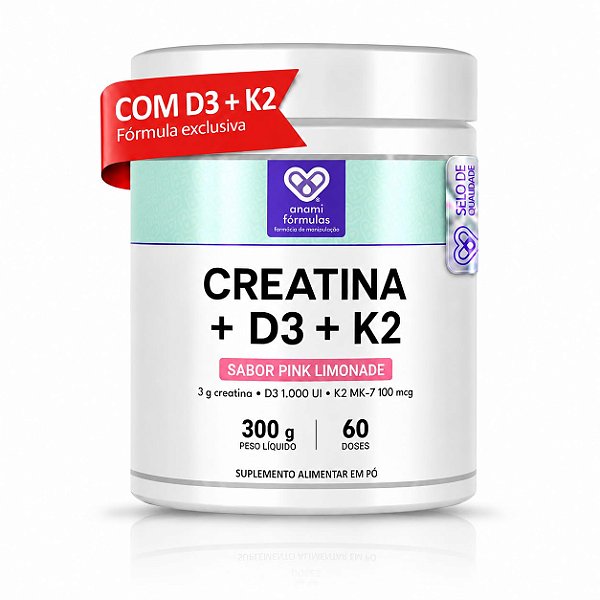 CREATINA 3g + VITAMINA D3 1000UI + K2 MK-7 100mcg por Dose - Sabor Pink Lemonade - 300g - 60 Doses