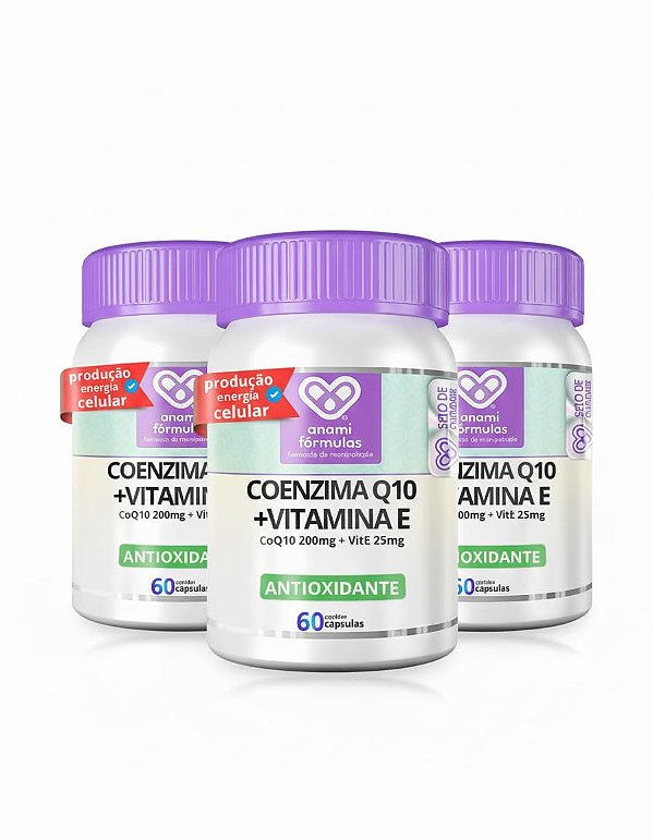 KIT 3x COENZIMA Q10 200mg + VITAMINA E 25mg por Dose - 3 Frascos de 60 Cápsulas - 90 Doses