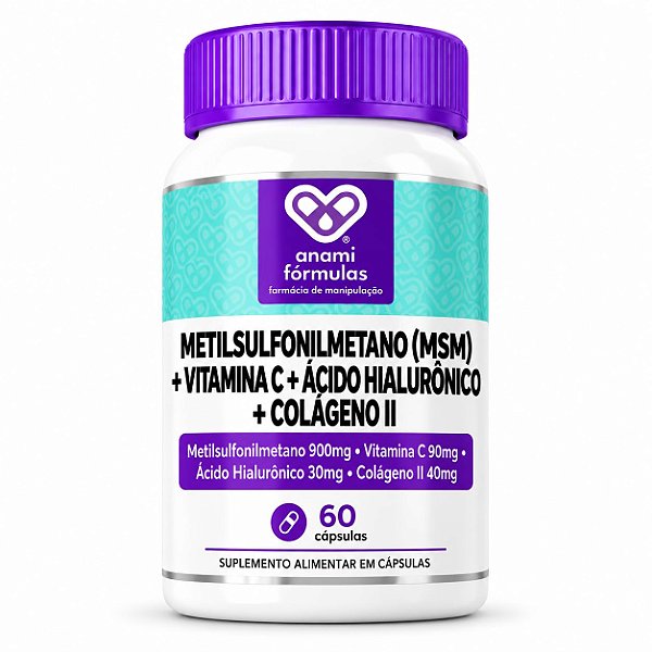 MSM 900mg + VITAMINA C 90mg + COLÁGENO TIPO II 40mg + ÁCIDO HIALURÔNICO 30mg por Dose - 60 Cápsulas - 30 Doses