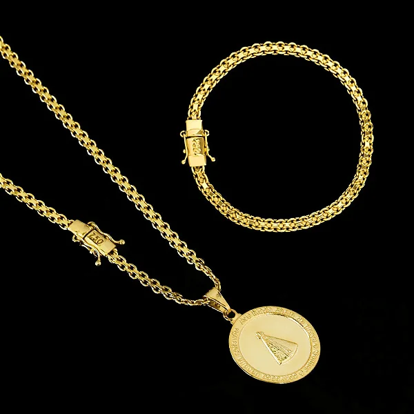 Kit Corrente Elo Cadeado Duplo 4mm 60cm + Pulseira Elo Cadeado Duplo 5mm 19cm + Pingente Nossa Senhora