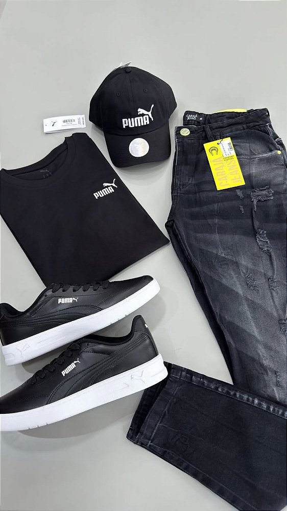 Kit Completo: Camiseta PUMA + Calça Jeans Premium + Tênis Puma Edition Ferrari + Boné Puma Classic Preto.