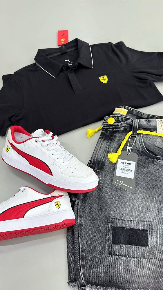 Kit Completo: Polo PUMA + Short Jeans Premium + Tênis Puma Edition Ferrari.