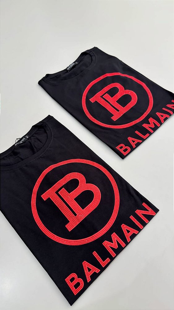 Camiseta Balmain Gola Careca Classic Preta e Vermelho
