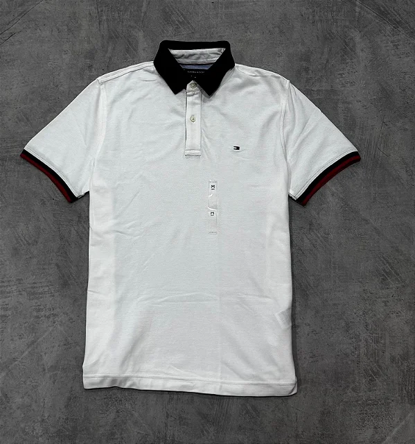 POLO TOMMY HILFIGER MASCULINA REGULAR FIT- BRANCA COM AZUL