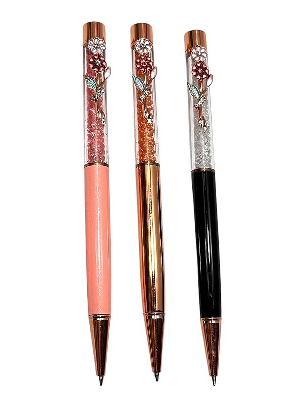 Caneta Luxo Metal com Flor e Strass