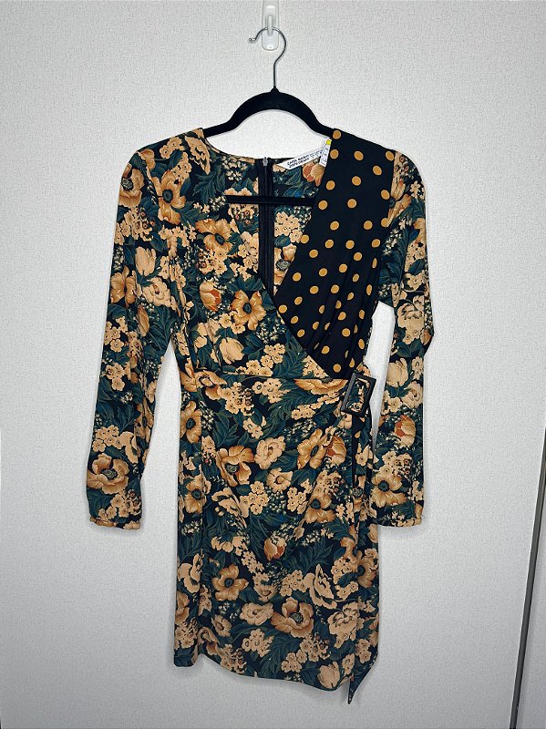 Vestido Floral Mostarda Preto Manga Longa P