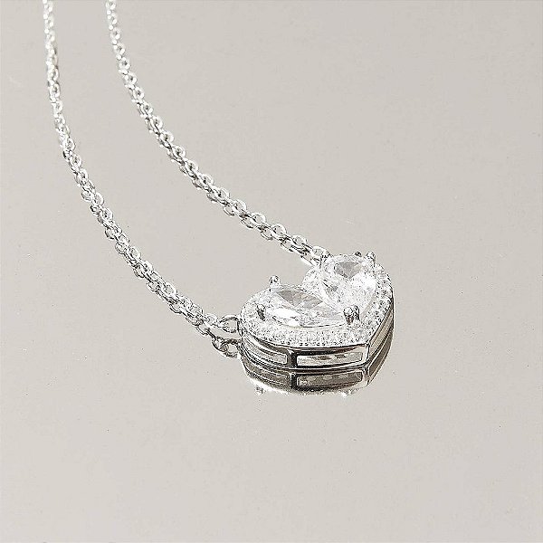 Colar Coração Cravejado Caixa Alta 15mm em Prata 925 - Corrente Cadeado