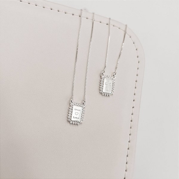 Escapulário Medalhas Cravejadas Cruz e "Jesus Salva" 12mm em Prata 925