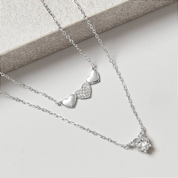 Colar Duplo Corações | Liso + Cravejado e Coração Zircônia 6mm em Prata 925