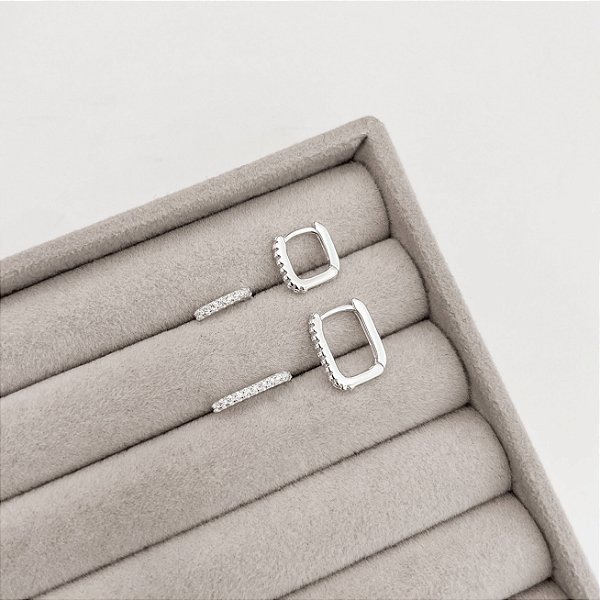 Dupla de Argolas Click Retangulares Cravejadas 11mm e 14mm em Prata 925