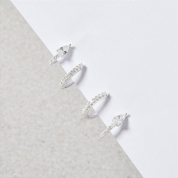 Dupla de Argolas Click - Zircônia Gota 12mm + Cravejada 13mm em Prata 925