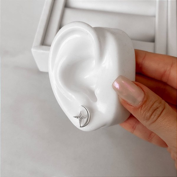 Brinco Lua e Estrela Cravejados 13mm em Prata 925