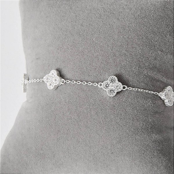 Pulseira Trevos Cravejados 8mm com Entremeios em Prata 925 - 16+5cm