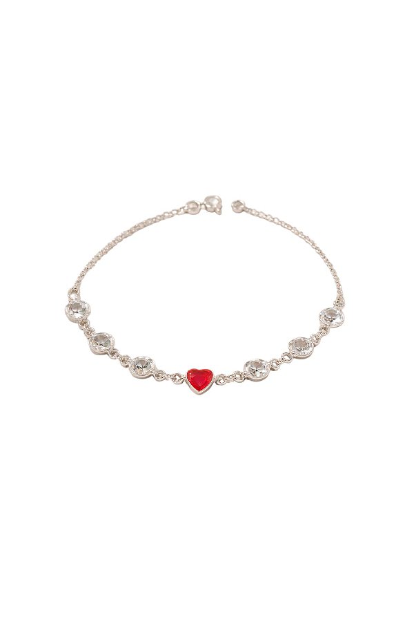 Pulseira em Prata 925 com Coração em Cristal Vermelho e Cristais Transparentes