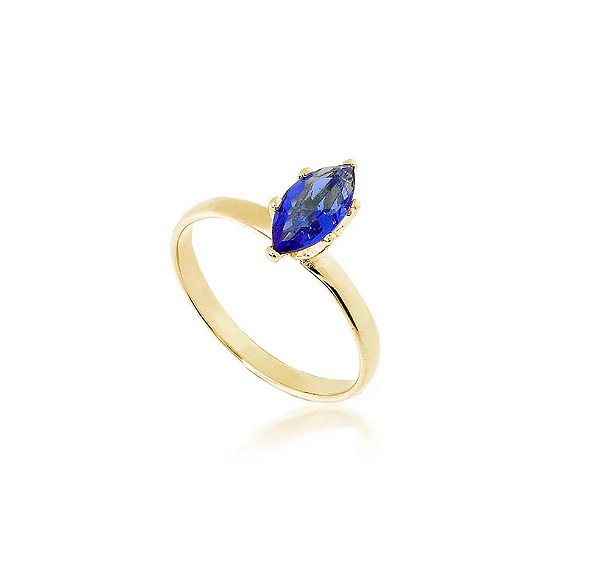 Anel Solitário Navete Banhado a Ouro 18k com Zircônia Azul Safira — Ale Semijoias