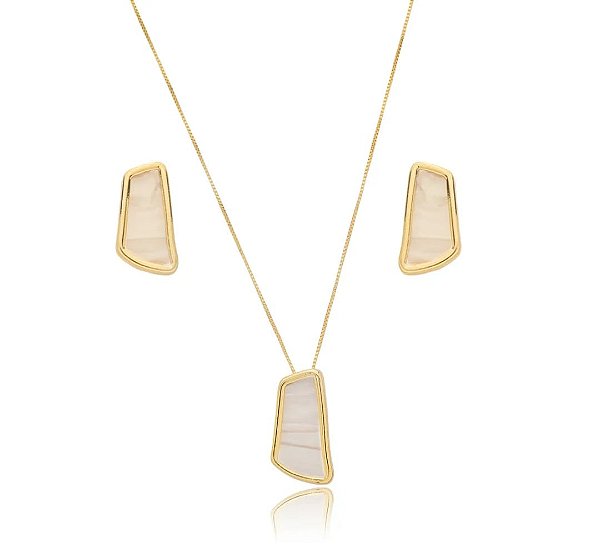 Conjunto Colar e Brinco Banhado a Ouro 18k com Pedra Sintética Perolada . Ale Semijoias.