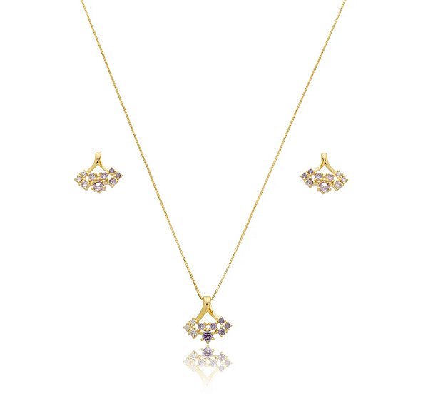 Conjunto Colar e Brinco Banhado a Ouro 18k com Zircônias Ametista em Degradê — Ale Semijoias