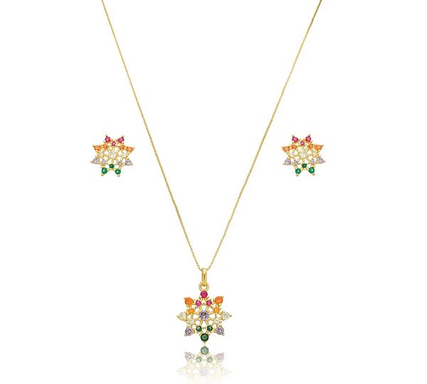 Conjunto Colar e Brinco Flor Multicolor Banhado a Ouro 18k com Zircônias Coloridas — Ale Semijoias