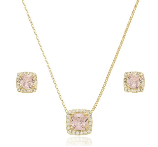 Conjunto Colar e Brinco Quadrado cor de rosa claro com Zircônias Folheado a Ouro 18k — Ale Semijoias